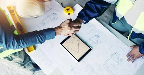 Engineer, architect and tablet or handshake by blueprint for partnership, m.. Stock Photos