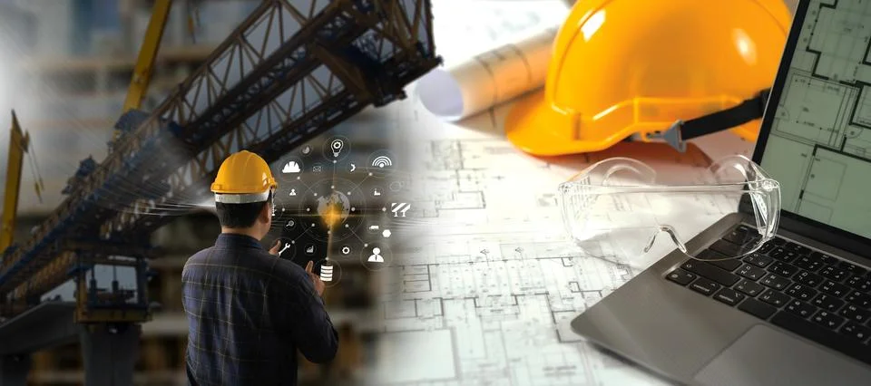 Engineer architect industry 4.0 using tablet construction site, industrial .. Stock Photos