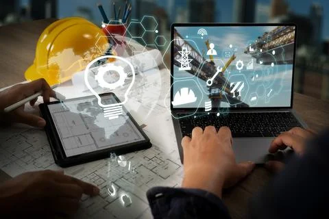 Engineer architect industry 4.0 using tablet construction site, industrial .. Foto stock