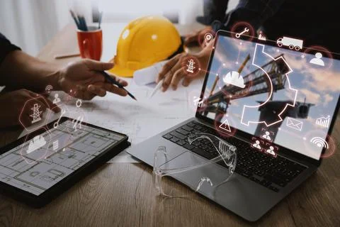 Engineer architect industry 4.0 using tablet construction site, industrial .. Foto stock