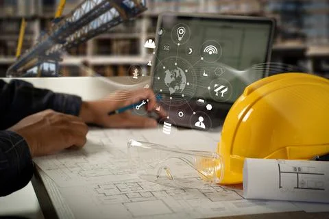 Engineer architect industry 4.0 using tablet construction site, industrial .. Stock Photos