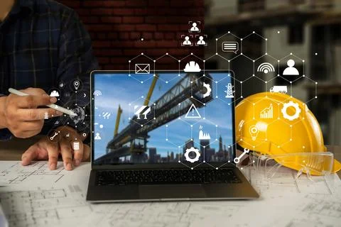 Engineer architect industry 4.0 using tablet construction site, industrial .. Stock Photos