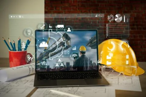 Engineer architect industry 4.0 using tablet construction site, industrial .. Stock Photos
