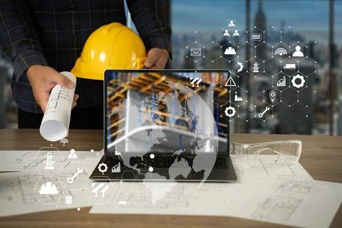 Engineer architect industry 4.0 using tablet construction site, industrial .. Stock Photos