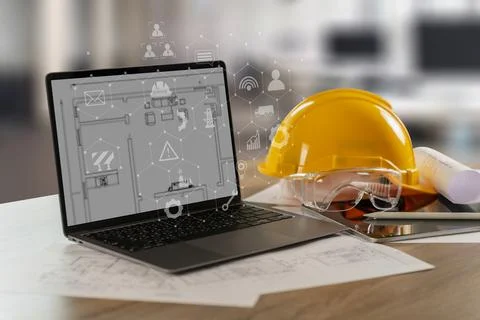Engineer architect industry 4.0 using computer construction site, industria.. 스톡 사진