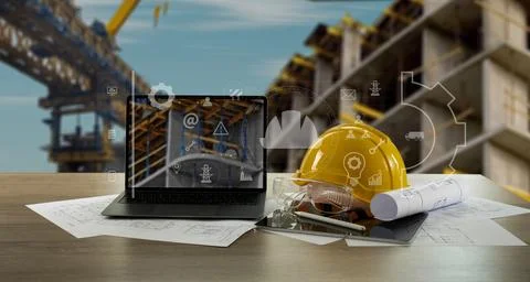 Engineer architect industry 4.0 using computer construction site, industria.. 스톡 사진