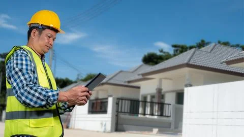 Engineer architect with protective helmet working at house building on cons.. Stock Photos