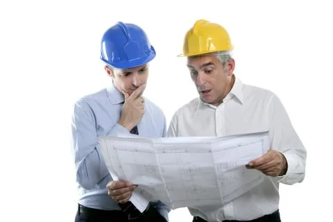 Engineer architect two expertise team plan hardhat Stock Photos