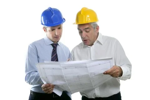 Engineer architect two expertise team plan hardhat Stock Photos