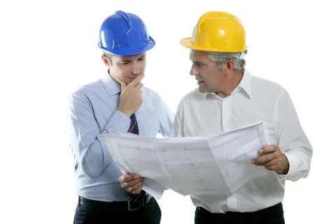 Engineer architect two expertise team plan hardhat Stock Photos