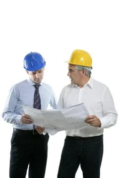 Engineer architect two expertise team plan hardhat Stock Photos