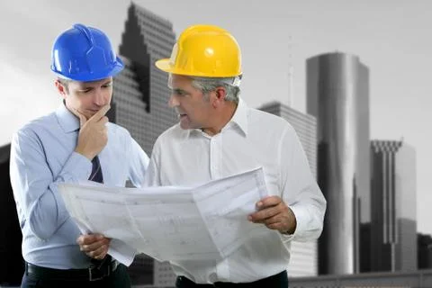 Engineer architect two expertise team plan hardhat Stock Photos