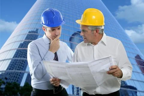 Engineer architect two expertise team plan hardhat Stock Photos