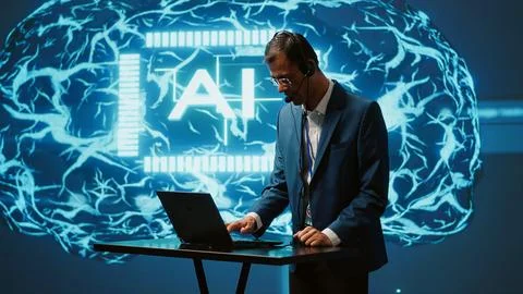 Engineer in artificial intelligence workplace managing call center tasks Foto stock