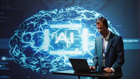 Engineer in artificial intelligence workplace managing call center tasks Foto stock