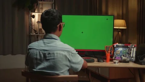 Engineer Asian Boy Is Working With Desktop Computer In Home, Mock Up Green Stock Footage 158695123