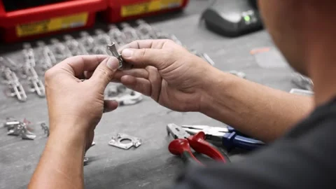 An engineer assembles metal parts Stock Footage 259613367