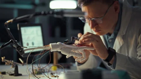 Engineer assembles robotic hand in high-tech workshop for research project Stock Footage 331297892