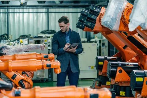 Engineer assesses robotic arms in a high-tech manufacturing facility during.. Stock Photos