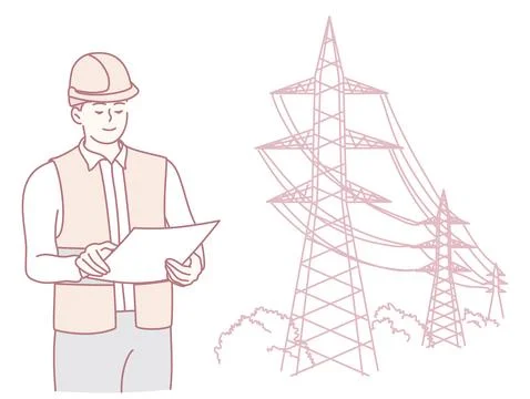 An Engineer Assessing and Evaluating Plans for Electricity Infrastructure Illustrazione stock
