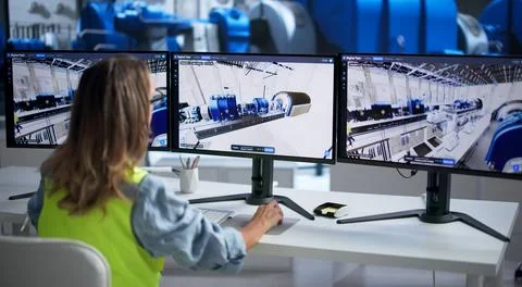 Engineer Attentively Monitors 3D SCADA Software For Predictive Plant Automati Stockfoto's