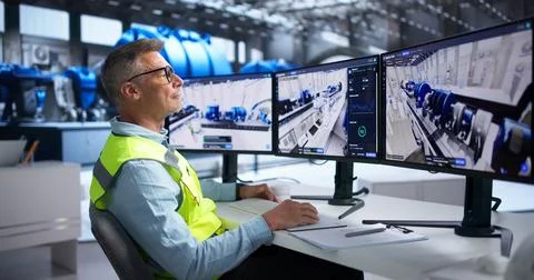 Engineer Attentively Monitors Real-time SCADA System Controlling Power Plant  库存照片