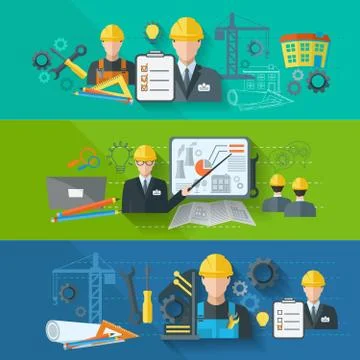 Engineer banner flat set Stock Illustration