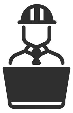 Engineer black icon. Person work on laptop in hard hat Stock Illustration