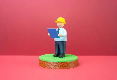 An engineer with blue drawings stands on a plot of land for construction. H.. Stock Photos