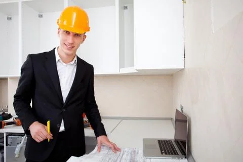Engineer with blueprints Stock Photos