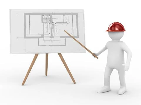 Engineer at board with plan. Isolated 3D image Illustrazione stock