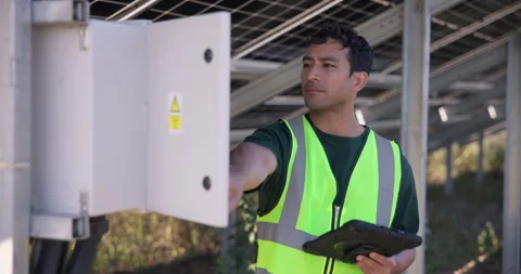 Engineer, box and solar panel in nature with tablet, research and inspection for Stock Footage 348719645