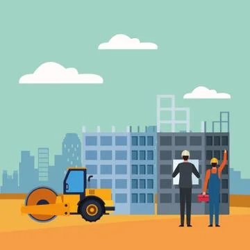 Engineer, builder and road roller truck over under construction scenery Ilustração Stock
