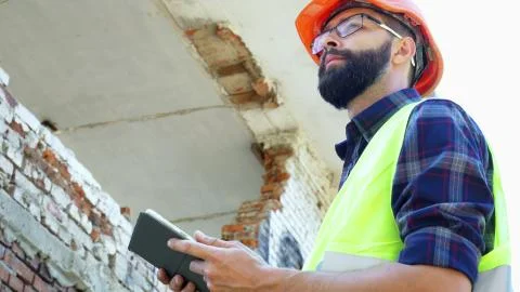 An engineer builder in a helmet is calculating the building demolition plan and Stock Photos