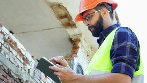 An engineer builder in a helmet is calculating the building demolition plan and Stock Photos