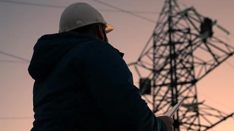 Engineer builder, power engineer works on power lines using computer tablet Stock Photos