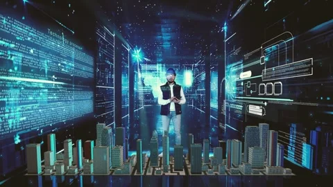 Engineer Builder visualizes the building plan standing in a dark VR room with Video stock 266988158