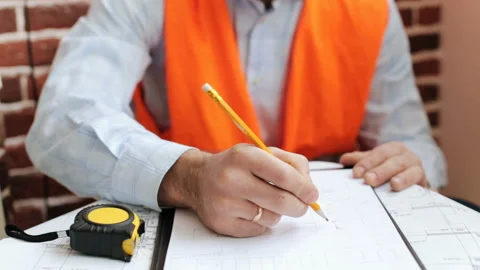 Engineer builder works with drawings in the office Stock Footage 89894683