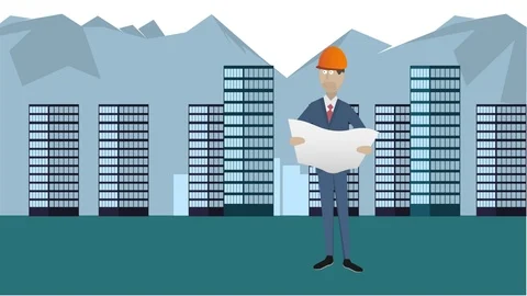 Engineer building. Anination building construction, Cartoon 스톡 동영상 122361635