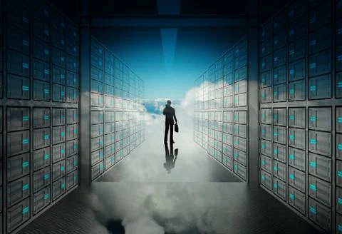 Engineer business man in 3d network server room and cloud inside as concept Illustrazione stock