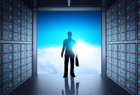 Engineer business man in 3d network server room and cloud outside as concept 스톡 일러스트