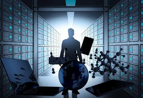 Engineer business man in 3d network server room as concept Stockillustratie