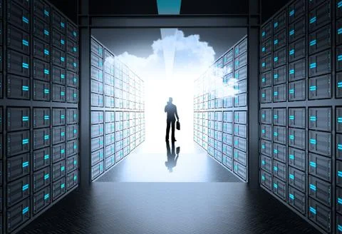 Engineer business man in 3d network server room as concept Illustrazione stock