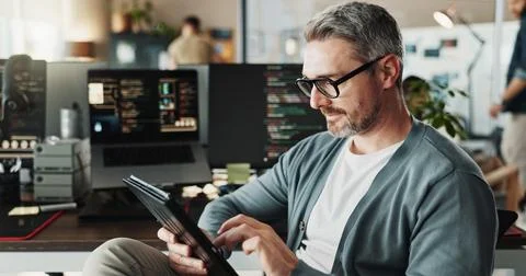 Engineer, business man and code on tablet for software development, scroll or Stockfoto's