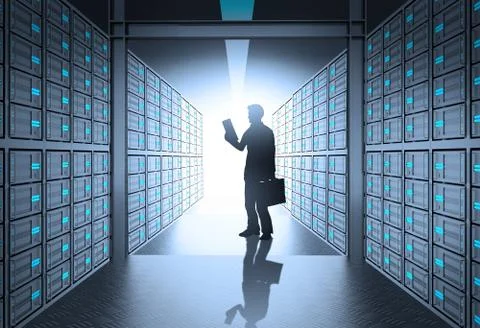 Engineer business man working in 3d network server room as concept Illustrazione stock