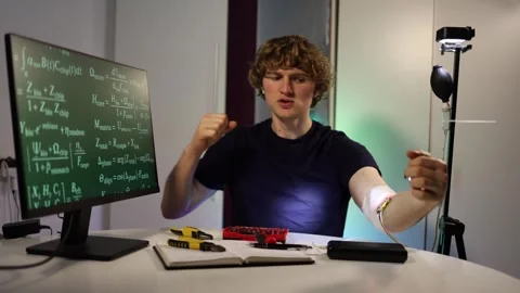 Engineer calibrates glowing arm implant while coding neural systems in home lab Stock Footage 324443077