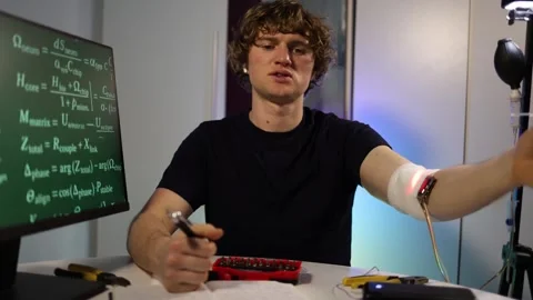 Engineer calibrates glowing arm implant while coding neural algorithms in home l Stockbeeldmateriaal 324443197