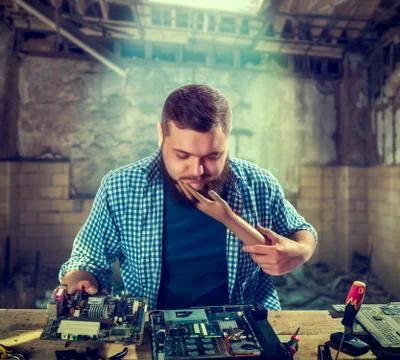 Engineer cant fix problem with computer hardware Stock Photos