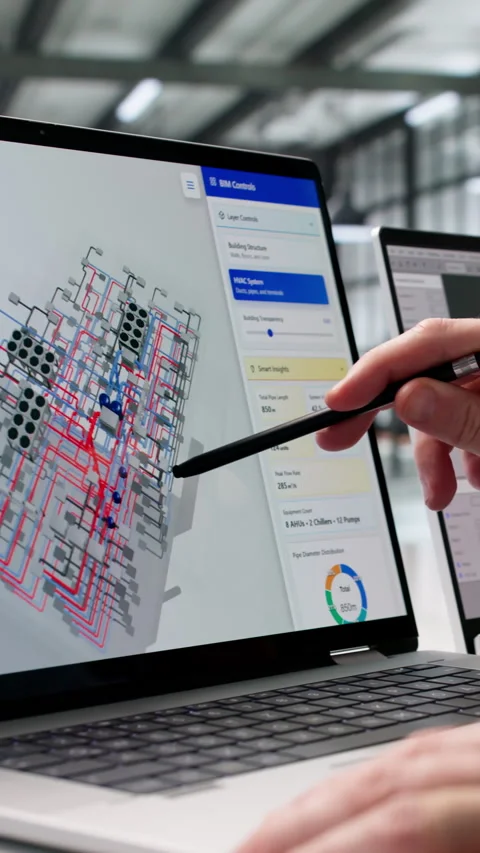 Engineer Carefully Analyzes 3D Digital Twin Mapping Stock Footage 330582749