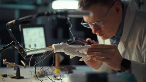 Engineer carefully assembles robotic hand while conducting electronic tests Stock Footage 331303799
